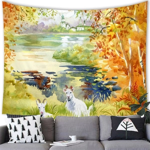 Detail of watercolor nature landscape tapestry featuring a lake and white goats on a wall