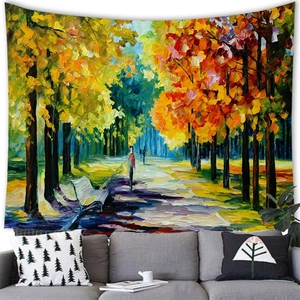 Detailed texture of watercolor nature landscape tapestry hanging above a gray sofa