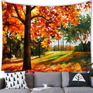Detail of the autumn forest landscape tapestry hanging above a modern sofa in a cozy room