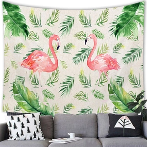 Detail of tropical flamingo tapestry showing watercolor leaves and fabric texture