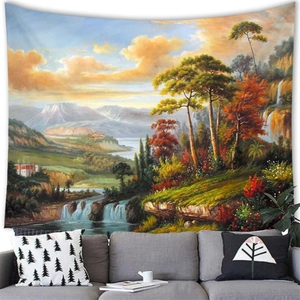 Watercolor landscape tapestry featuring snowy mountains, waterfalls and colorful forest scene