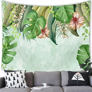 Tropical monstera leaves and flamingo tapestry wall hanging for indoor home decor