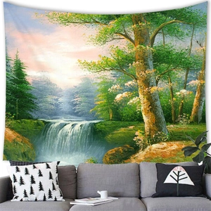 Detail of landscape wall tapestry with waterfall and forest in a modern living room