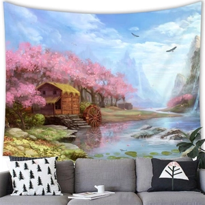 Detail of floral nature landscape tapestry hanging above a modern sofa in a bright room