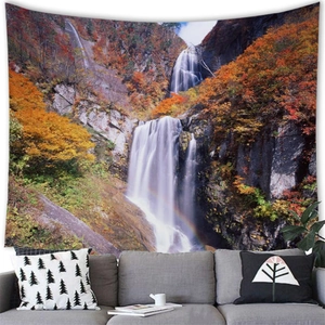 Tapestry featuring mountain waterfall and autumn red trees for living room decor