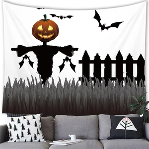 Detail eines Halloween-Wandteppichs mit leuchtenden Kürbissen und Fledermäusen