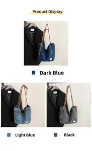Detailed comparison of three vintage denim tote bags in black, light blue, and dark blue