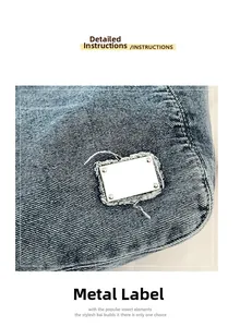 Close-up of polished metal logo plate and frayed denim texture on large tote bag