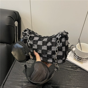 Vintage Denim Star Plaid Shoulder Bag For Women With Metal Chain Distressed Underarm Bag And Mini Round Coin Purse