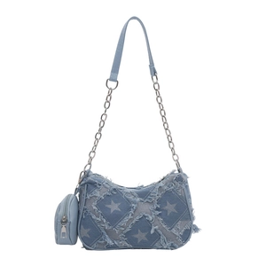 French denim checkered baguette bag with star patchwork and detachable mini coin purse