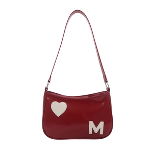 Retro red baguette shoulder bag with white heart patch and large M letter decoration