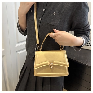Detail der champagner-goldenen Handtasche mit Metalldrehverschluss und glattem PU-Leder