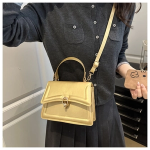 Detailed view of champagne leather handbag featuring gold horseshoe lock and crossbody strap