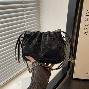 Women Pleated Cloud Shoulder Bag PU Leather Drawstring Metal Chain Crossbody Bag With Ball Minimalist Fashion Purse Bag