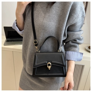 Detail der schwarzen Handtasche mit goldener Hufeisenschnalle und Geometriemuster