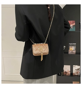 Détail du mini sac en velours matelassé avec logo S doré, franges et bandoulière