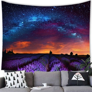 Detail of floral valley tapestry showing starry sky and lavender field in a cozy room