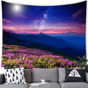Close-up of a floral tapestry hanging over a sofa featuring a starry night sky and mountains