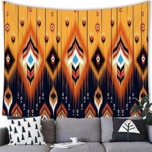 Azteeks wandtapijt met geometrische patronen in geel en oranje voor moderne woonkamerdecor