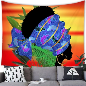 African woman silhouette tapestry with floral headwrap and sunset palm leaf background