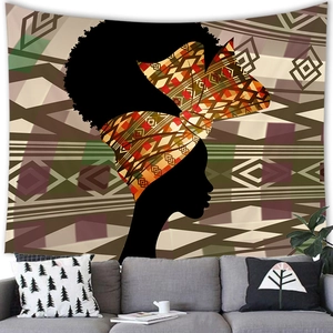 African woman silhouette wall tapestry with warm geometric patterns for home decor