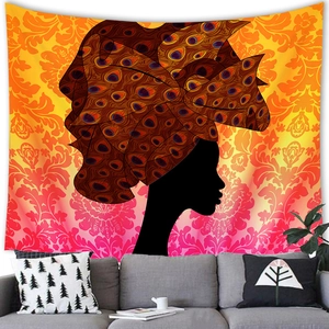 African woman silhouette tapestry with colorful peacock feathers and damask pattern