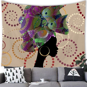 Detailed close-up of African woman silhouette tapestry in a modern living room setting