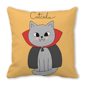 Detail of ginger pillow cover featuring a cute 'Catcula' vampire cat illustration for Halloween