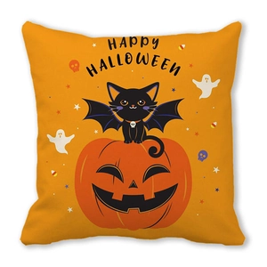 Detail of Happy Halloween pillow case with black cat, pumpkin, and ghost on orange fabric