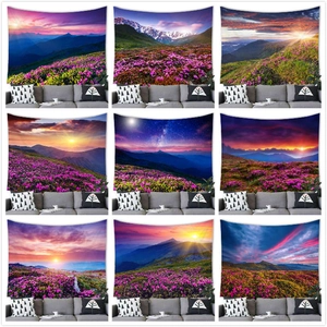 Wall Hanging Tapestry Landscape Nature Scenery Mountain Flower Field Printed Polyester Fabric Living Room Bedroom Home Decor