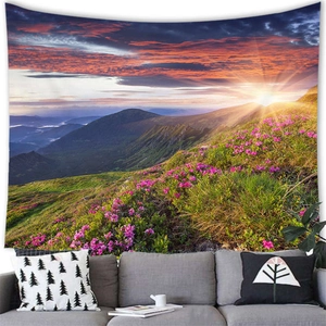 Valley flower field and mountain landscape tapestry hanging over a modern sofa