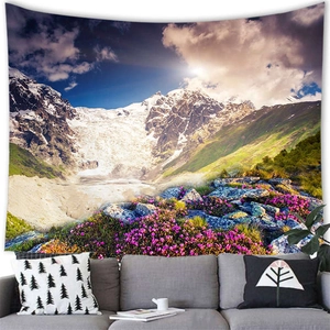 Valley flower field and snow mountain landscape tapestry wall hanging for home decor