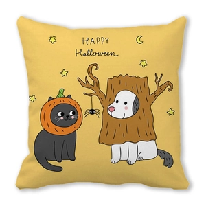 Macro view of Happy Halloween cushion cover with black cat, pumpkin and starry patterns