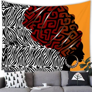 African woman silhouette tapestry with zebra pattern and warm orange background for home decor