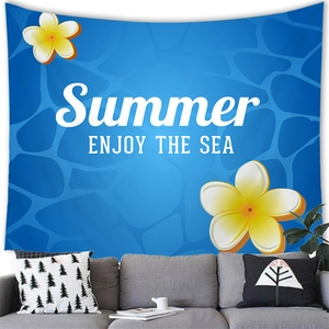 Tropical beach tapestry with ocean wave print and frangipani flowers over a modern sofa