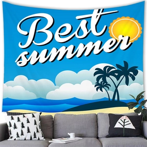 Detail of cartoon beach landscape tapestry hanging over a sofa for wall decoration