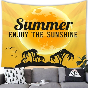 Detail showing sunset beach tapestry with palm trees over a grey sofa