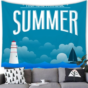 Detail of summer beach landscape tapestry hanging over a modern grey sofa indoors