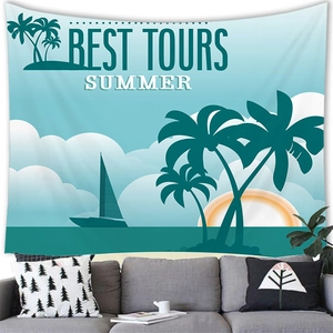 Detail of summer beach tapestry featuring palm trees and sailboats over a modern sofa