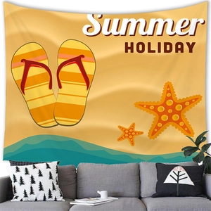 Detail of Summer Holiday beach tapestry featuring flip-flops and starfish over a sofa