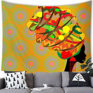 Close-up of African woman silhouette tapestry with geometric floral background