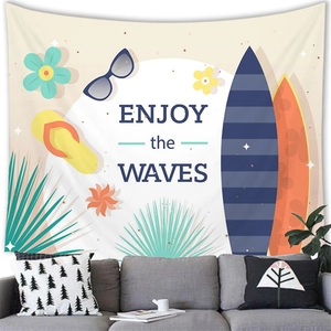 Cartoon summer beach wall tapestry with surfboard and Enjoy the Waves text over a sofa