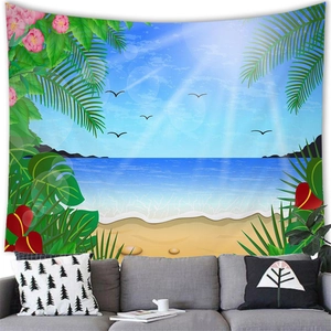 Cartoon tropical beach tapestry with blue sea and palm leaves for wall decoration