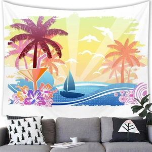 Tropical beach sunset vector wall tapestry hanging above a modern grey sofa in living room