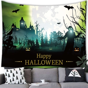 Dettaglio dell'arazzo Happy Halloween con castello infestato, zucche e pipistrelli