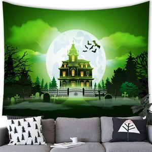 Tenture d'Halloween avec château hanté vert et chauves-souris pour décor de salon