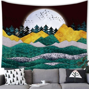Minimalist ink landscape tapestry with golden mountains and full moon over sofa