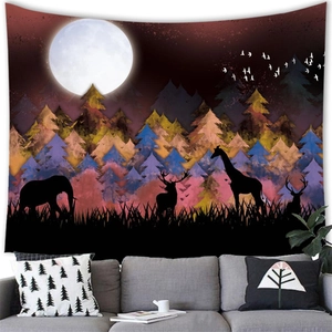 Artistic tapestry with colorful pine forest and animal silhouettes under a full moon