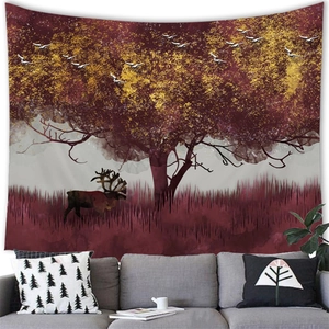 Cozy living room interior featuring an artistic deer and tree tapestry on a gray wall