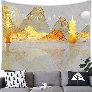 Detailed view of tapestry featuring golden mountain landscape and zen ink wash art